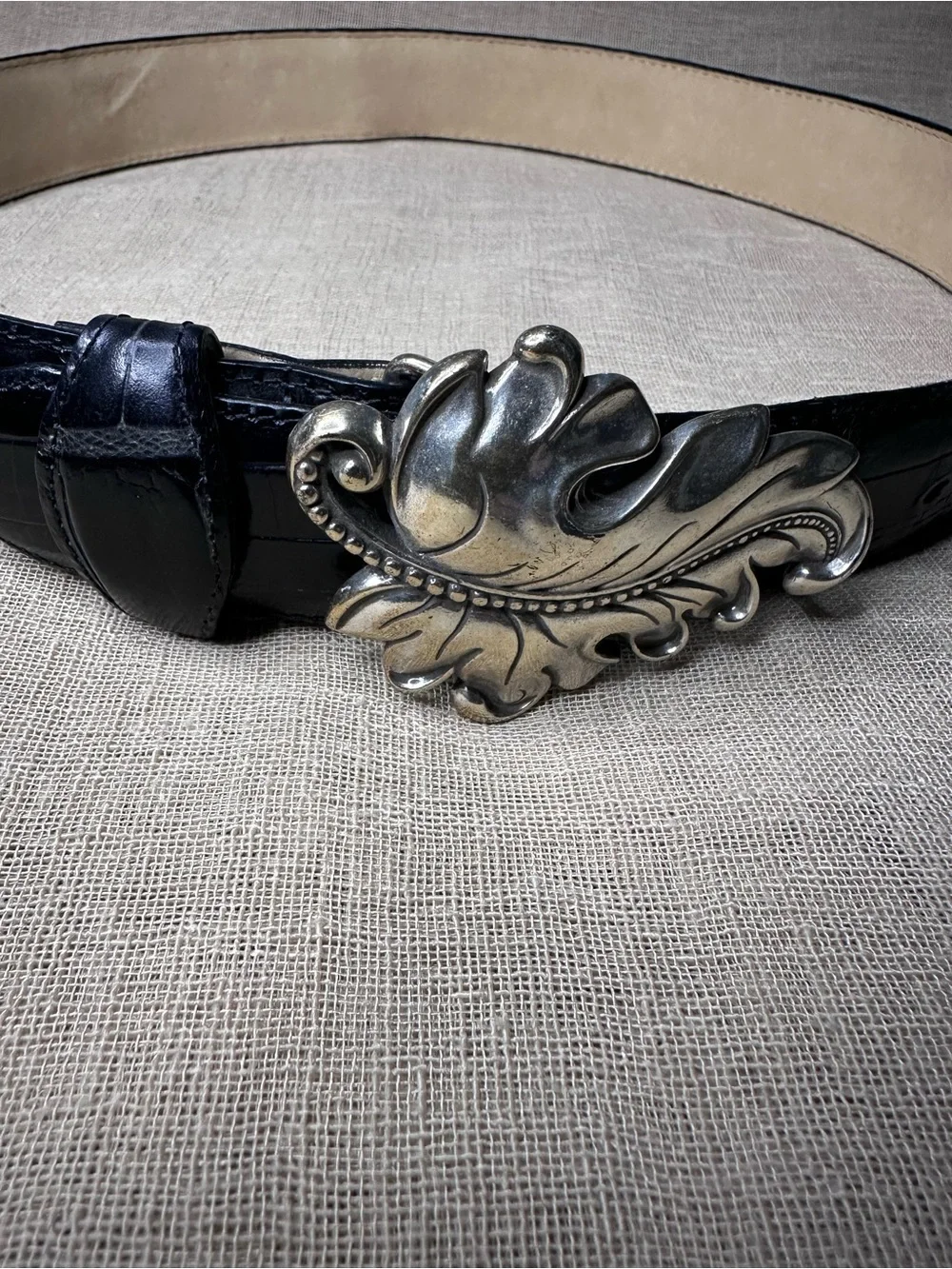 BRIGHTON Black Embossed Leather Belt Silver Leaf Buckle EUC